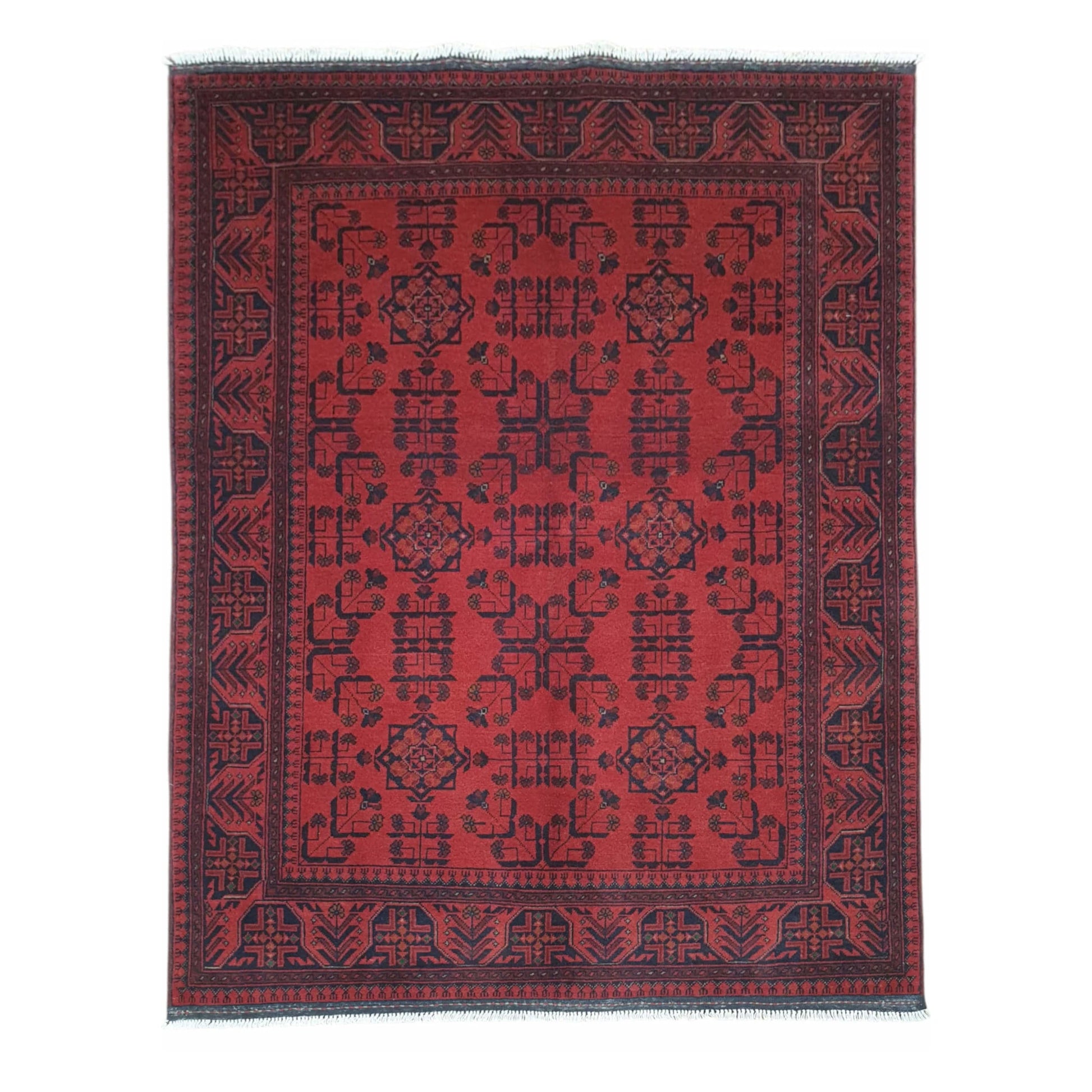 Full view of Afghan Khal Mohammadi wool rug with red field and geometric-floral motifs, 196 x 150 cm