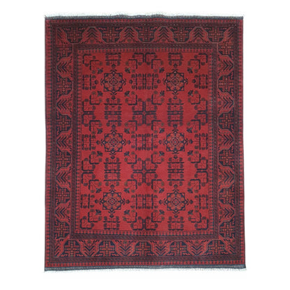 Full view of Afghan Khal Mohammadi wool rug with red field and geometric-floral motifs, 196 x 150 cm