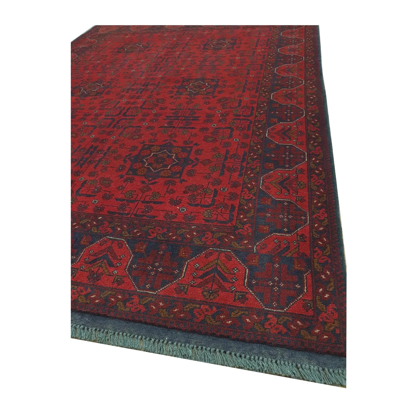 Border and fringe detail of Afghan Khal Mohammadi wool rug with dark patterned border, 200 x 150 cm