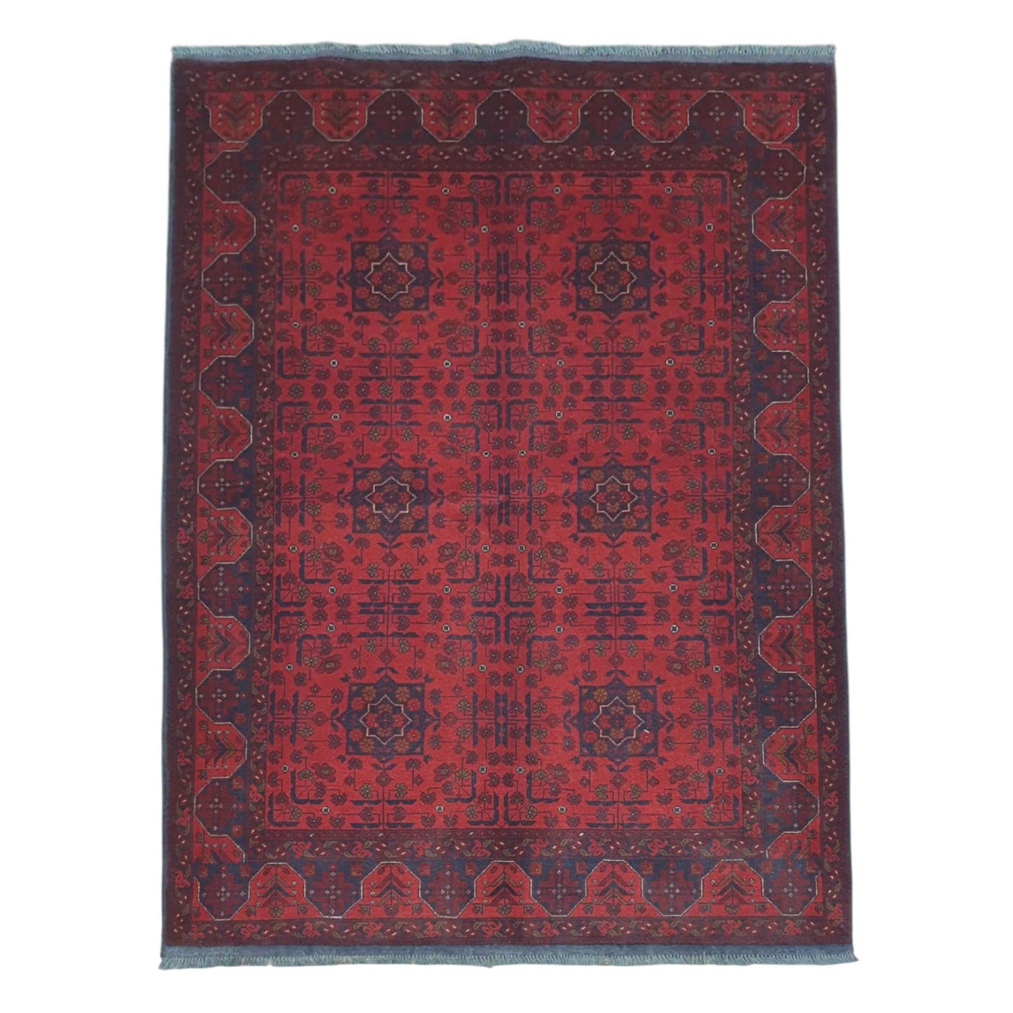 Full view of Afghan Khal Mohammadi wool rug with deep red field and geometric medallions, 200 x 150 cm