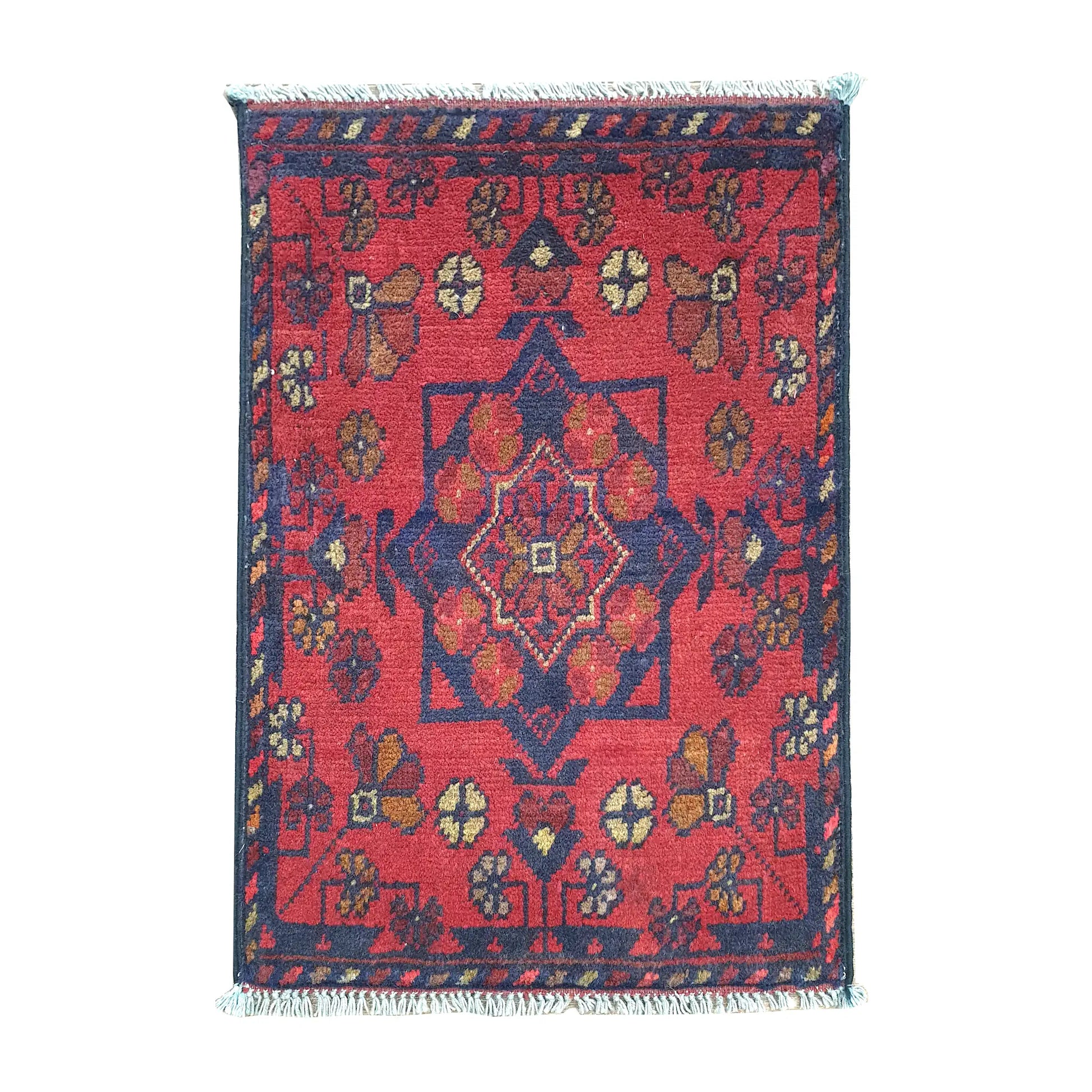 Afghan Khal Mohammadi wool rug 58 x 42 cm full view with red field, dark border and central diamond medallion