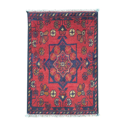 Afghan Khal Mohammadi wool rug 58 x 42 cm full view with red field, dark border and central diamond medallion