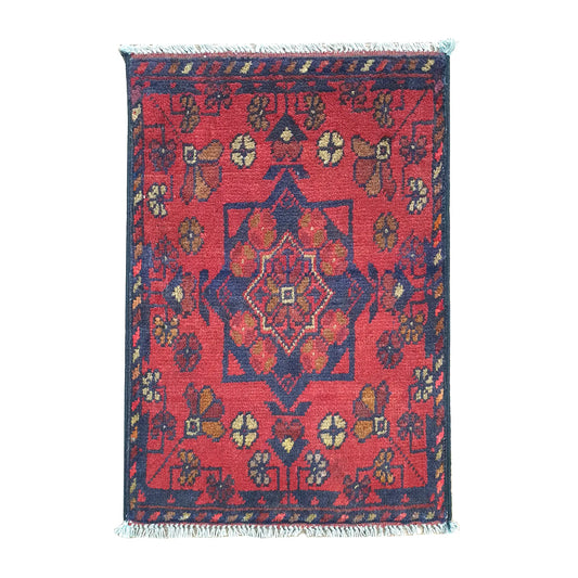 Afghan Khal Mohammadi wool rug 58 x 42 cm full view with red field, dark border and central diamond medallion