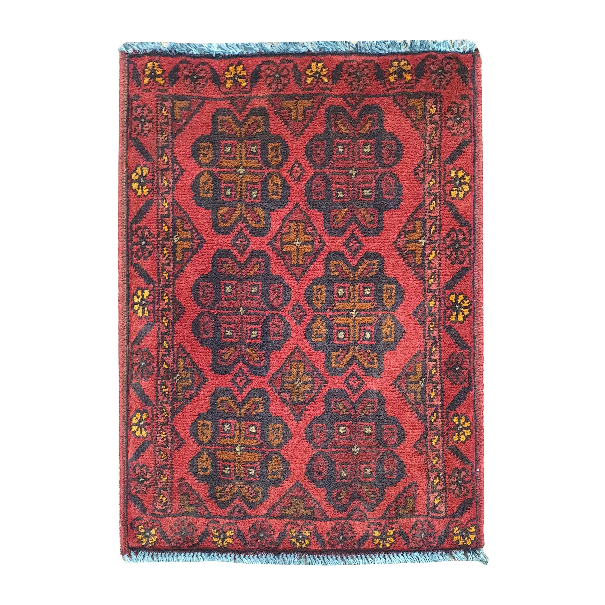 Afghan Khal Mohammadi wool rug 59 x 45 cm full view with red field, dark border and floral geometric motifs
