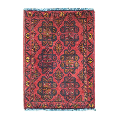 Afghan Khal Mohammadi wool rug 59 x 45 cm full view with red field, dark border and floral geometric motifs