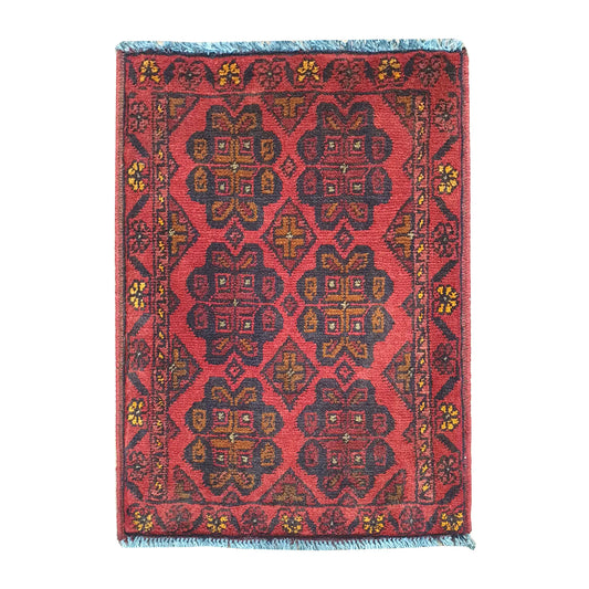 Afghan Khal Mohammadi wool rug 59 x 45 cm full view with red field, dark border and floral geometric motifs