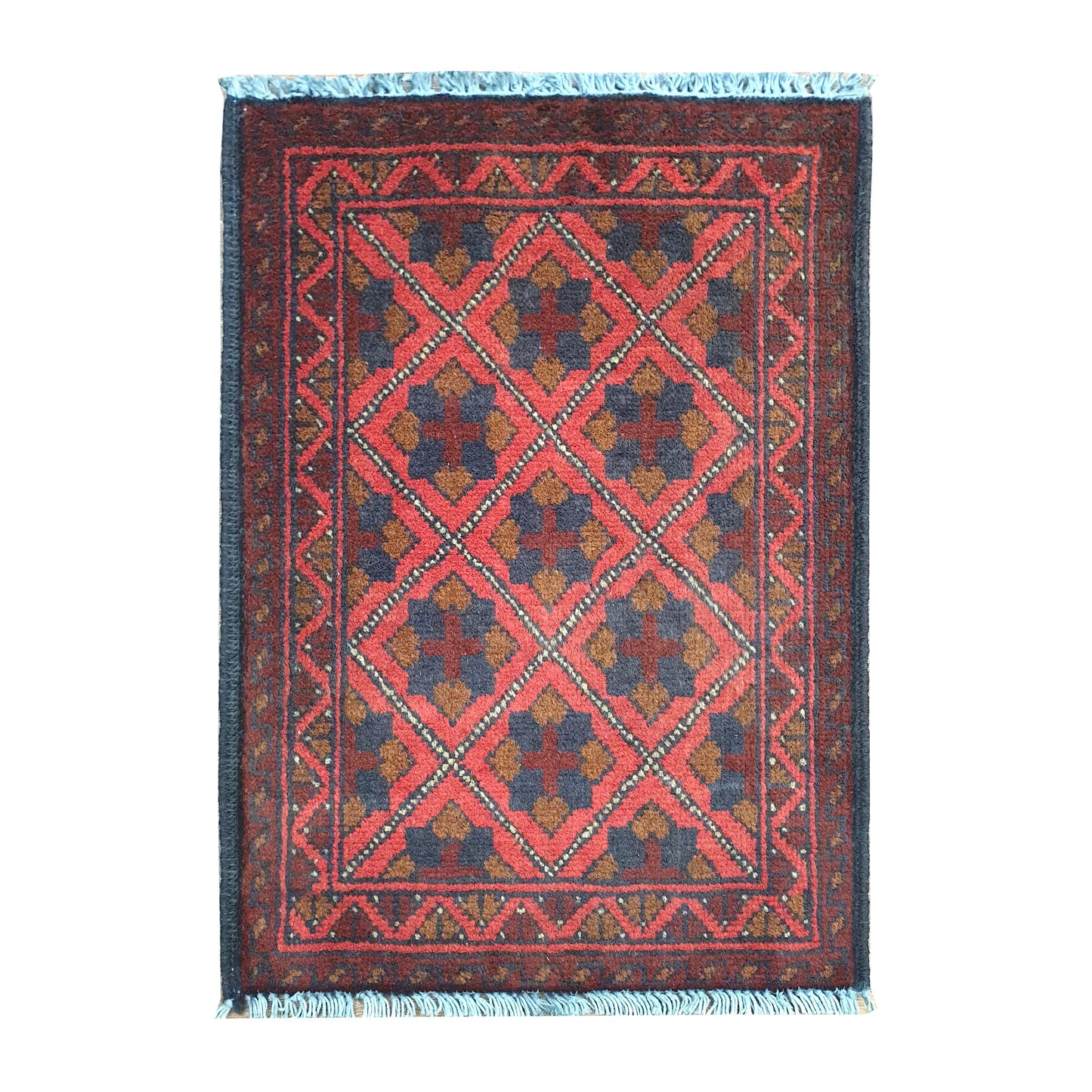 Afghan Khal Mohammadi wool rug 60 x 40 cm full view with red field, dark border and diamond lattice pattern