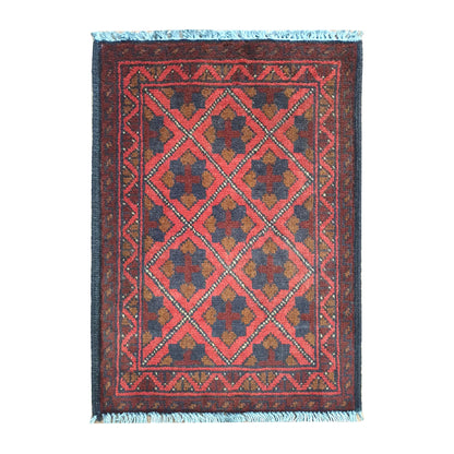 Afghan Khal Mohammadi wool rug 60 x 40 cm full view with red field, dark border and diamond lattice pattern