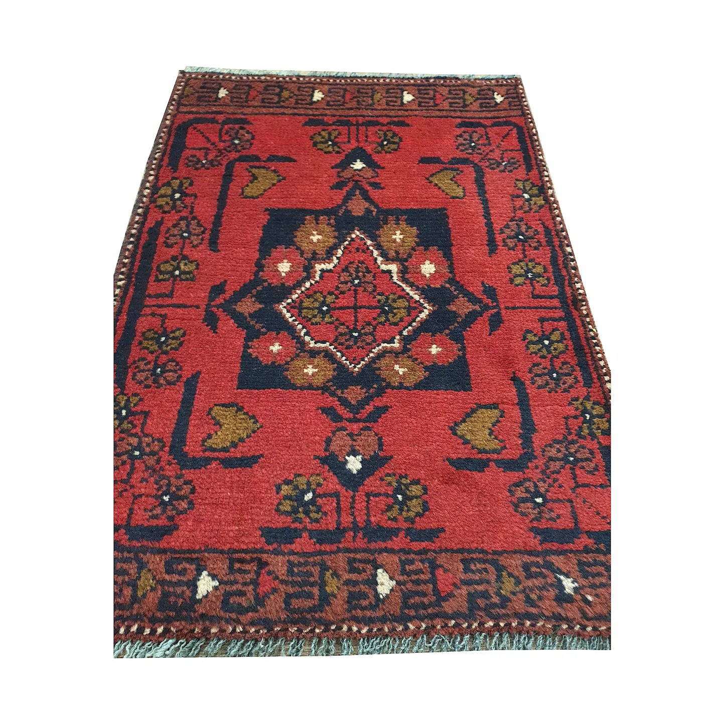 Afghan Khal Mohammadi wool rug detail showing central diamond medallion, red field and traditional tribal pattern