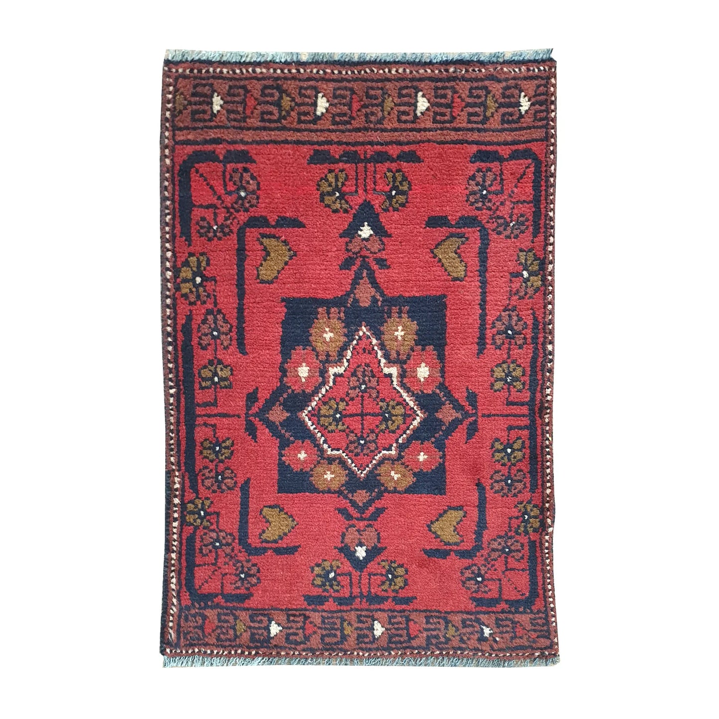 Afghan Khal Mohammadi wool rug 60 x 41 cm full view with red field, dark border and central diamond medallion