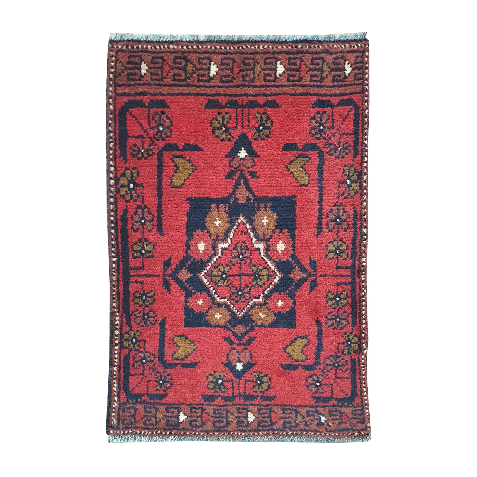 Afghan Khal Mohammadi wool rug 60 x 41 cm full view with red field, dark border and central diamond medallion
