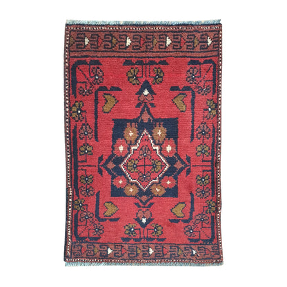 Afghan Khal Mohammadi wool rug 60 x 41 cm full view with red field, dark border and central diamond medallion