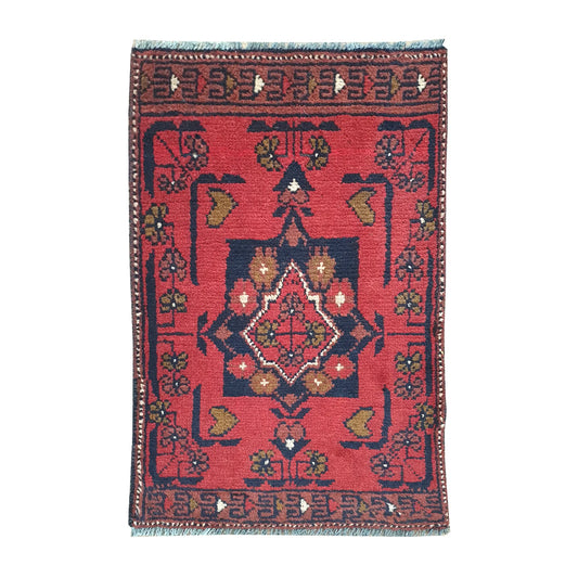 Afghan Khal Mohammadi wool rug 60 x 41 cm full view with red field, dark border and central diamond medallion