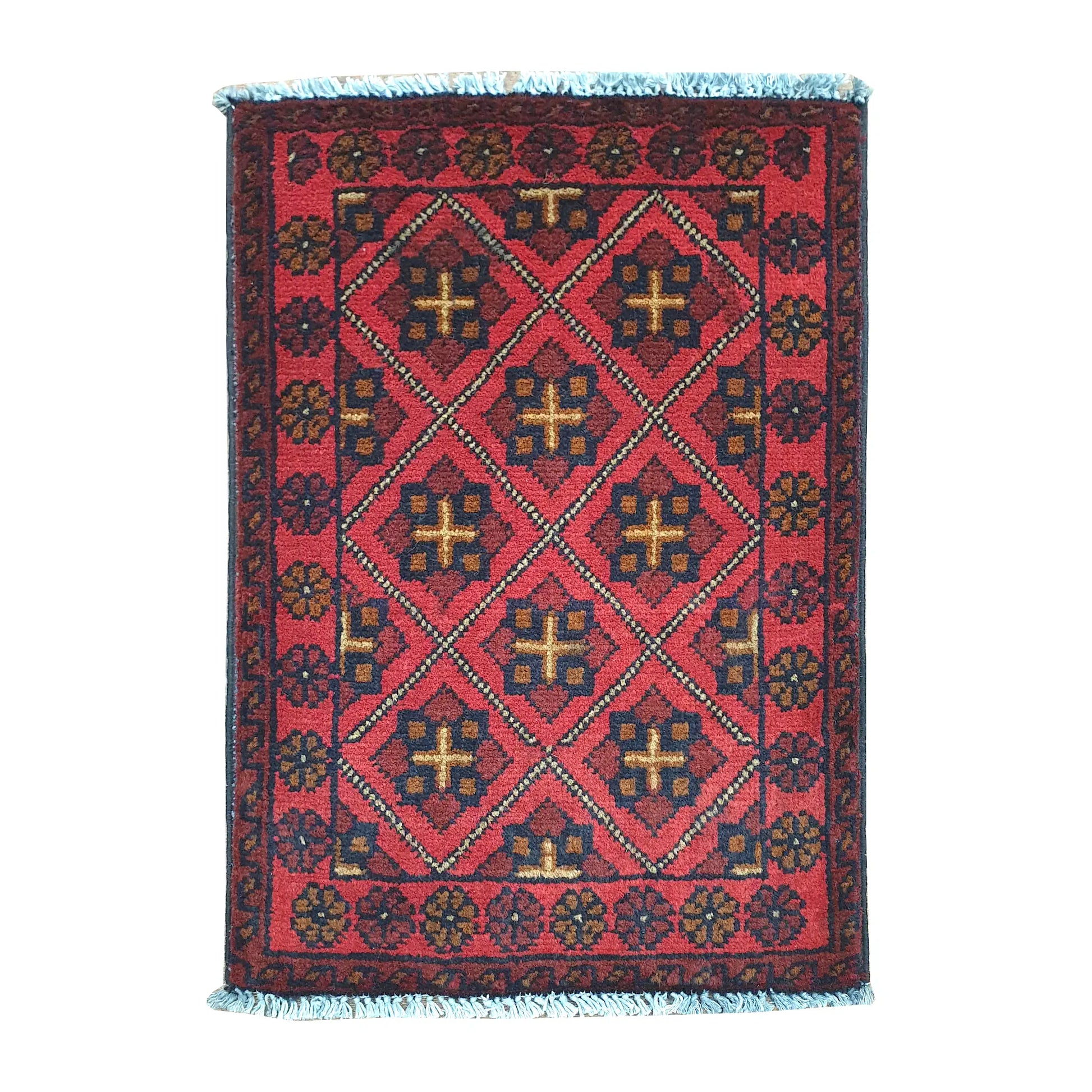 Afghan Khal Mohammadi wool rug 60 x 42 cm full view with red ground, dark border and repeating diamond lattice