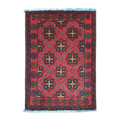 Afghan Khal Mohammadi wool rug 60 x 42 cm full view with red ground, dark border and repeating diamond lattice