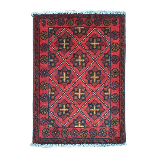 Afghan Khal Mohammadi wool rug 60 x 42 cm full view with red ground, dark border and repeating diamond lattice