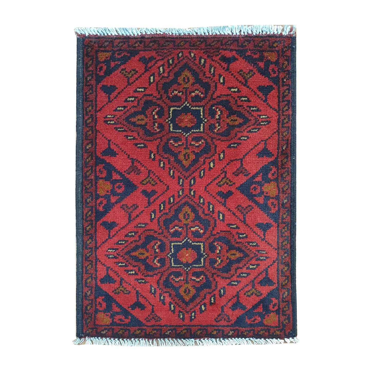 Afghan Khal Mohammadi wool rug 60 x 42 cm full view with red ground, dark border and central tribal medallion