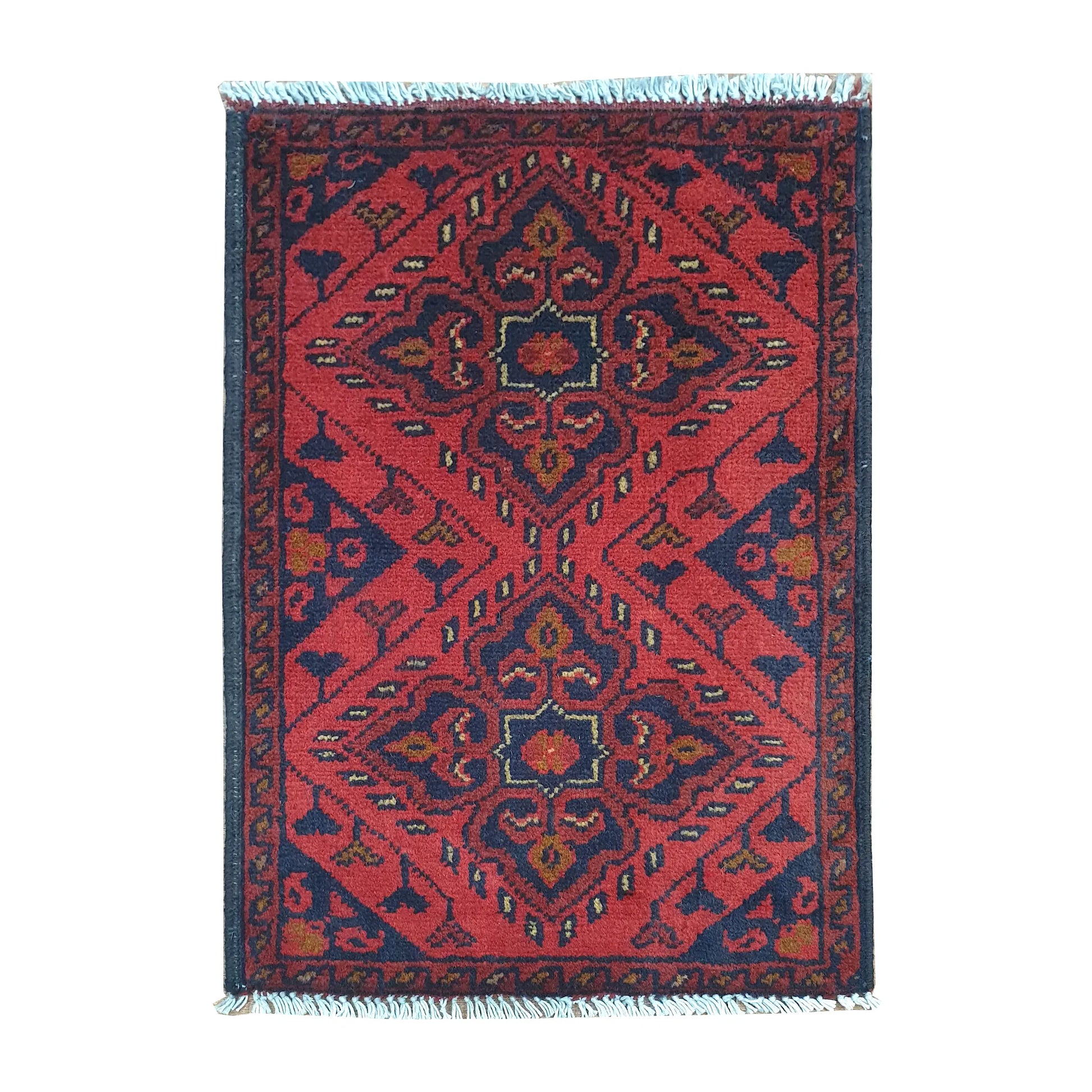 Afghan Khal Mohammadi wool rug 60 x 42 cm full view with red ground, dark border and central tribal medallion