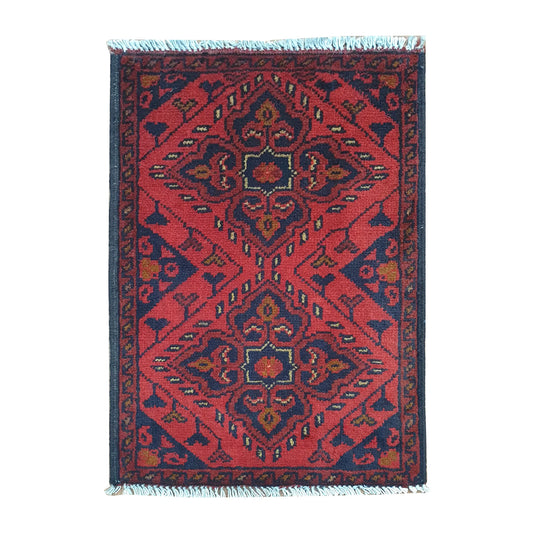 Afghan Khal Mohammadi wool rug 60 x 42 cm full view with red ground, dark border and central tribal medallion