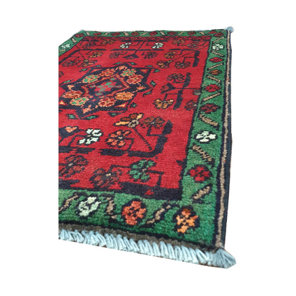 Fringe and border detail of Afghan Khal Mohammadi wool rug showing green floral border, red field and tribal motifs