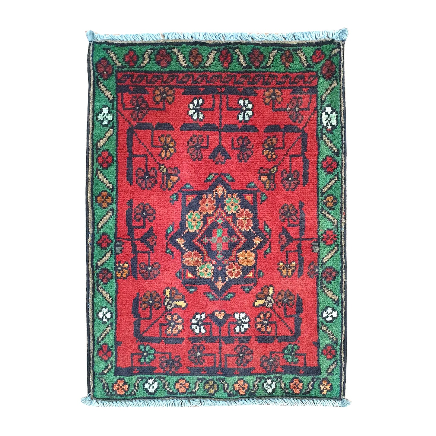 Afghan Khal Mohammadi wool rug 60 x 44 cm full view with red field, green border and central floral medallion
