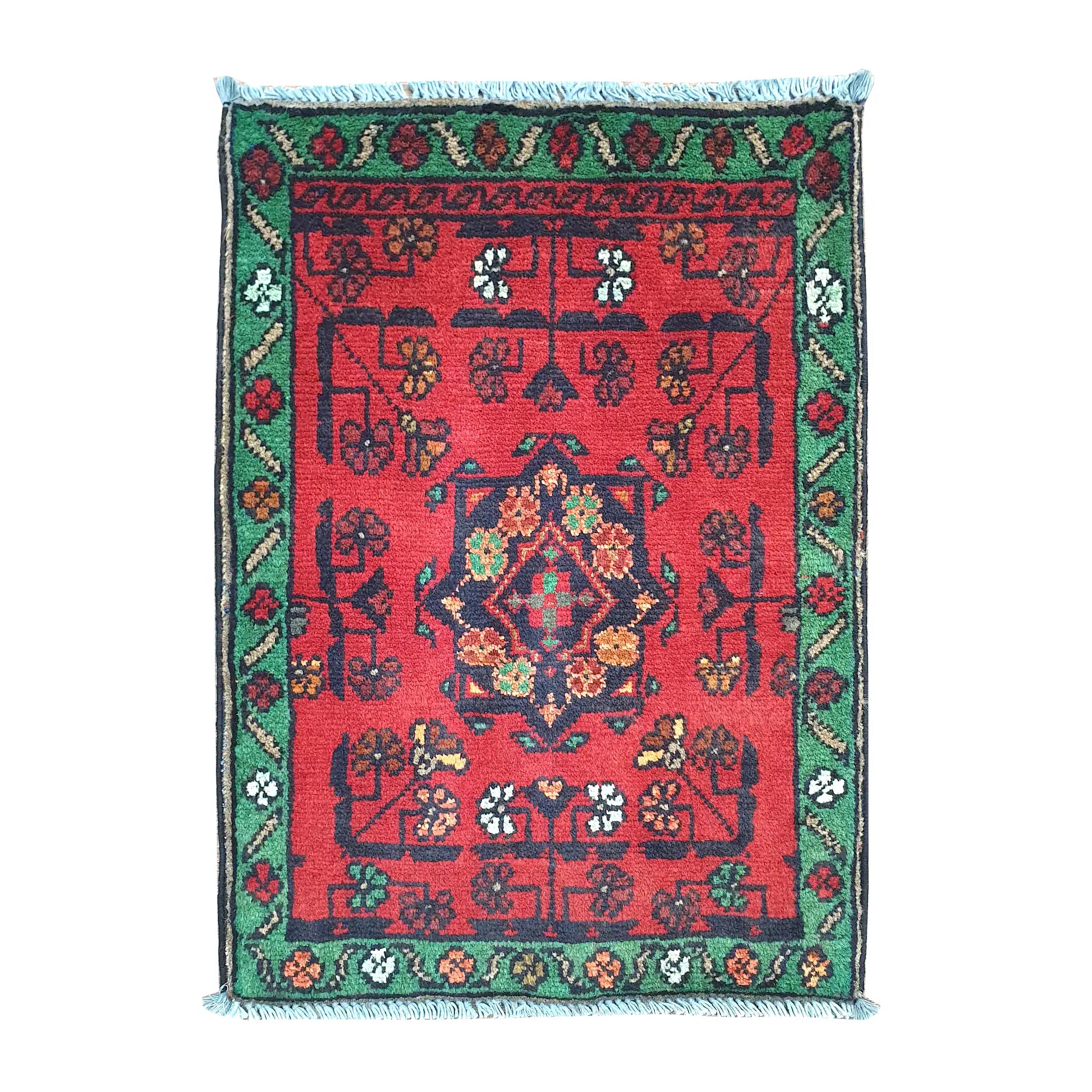 Afghan Khal Mohammadi wool rug 60 x 44 cm full view with red field, green border and central floral medallion