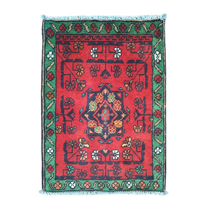 Afghan Khal Mohammadi wool rug 60 x 44 cm full view with red field, green border and central floral medallion