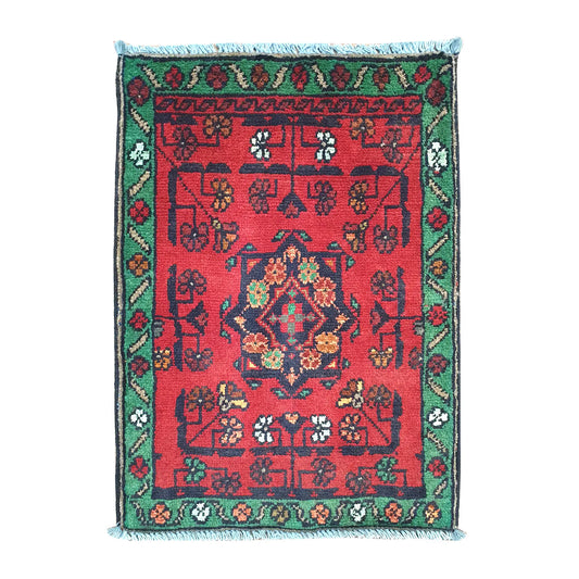 Afghan Khal Mohammadi wool rug 60 x 44 cm full view with red field, green border and central floral medallion