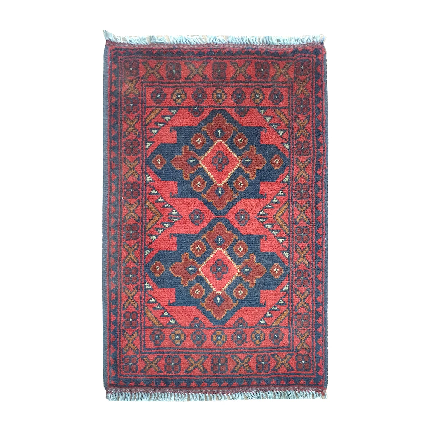 Afghan Khal Mohammadi wool rug 67 x 45 cm full view with warm red field and three linked diamond medallions