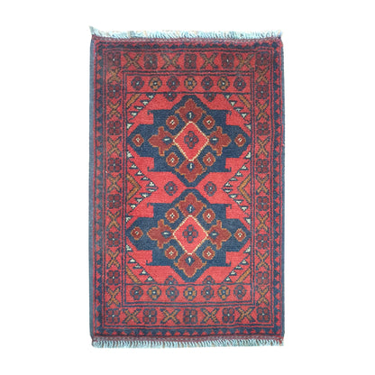Afghan Khal Mohammadi wool rug 67 x 45 cm full view with warm red field and three linked diamond medallions
