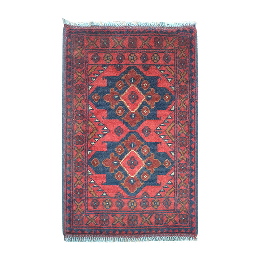 Afghan Khal Mohammadi wool rug 67 x 45 cm full view with warm red field and three linked diamond medallions
