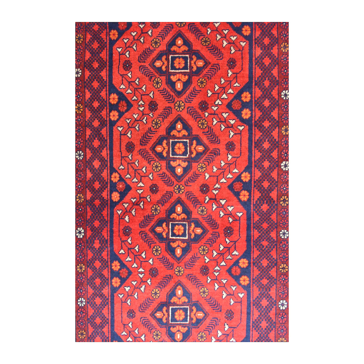 Field detail of Afghan Khal Mohammadi runner showing repeating diamond medallions and small angular motifs across deep red