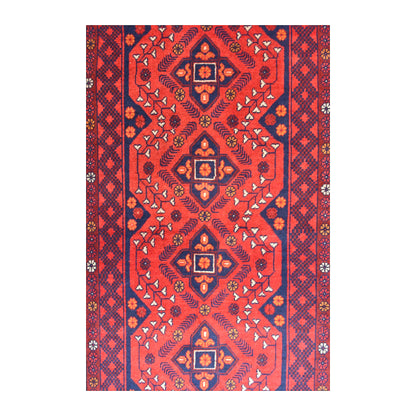 Field detail of Afghan Khal Mohammadi runner showing repeating diamond medallions and small angular motifs across deep red