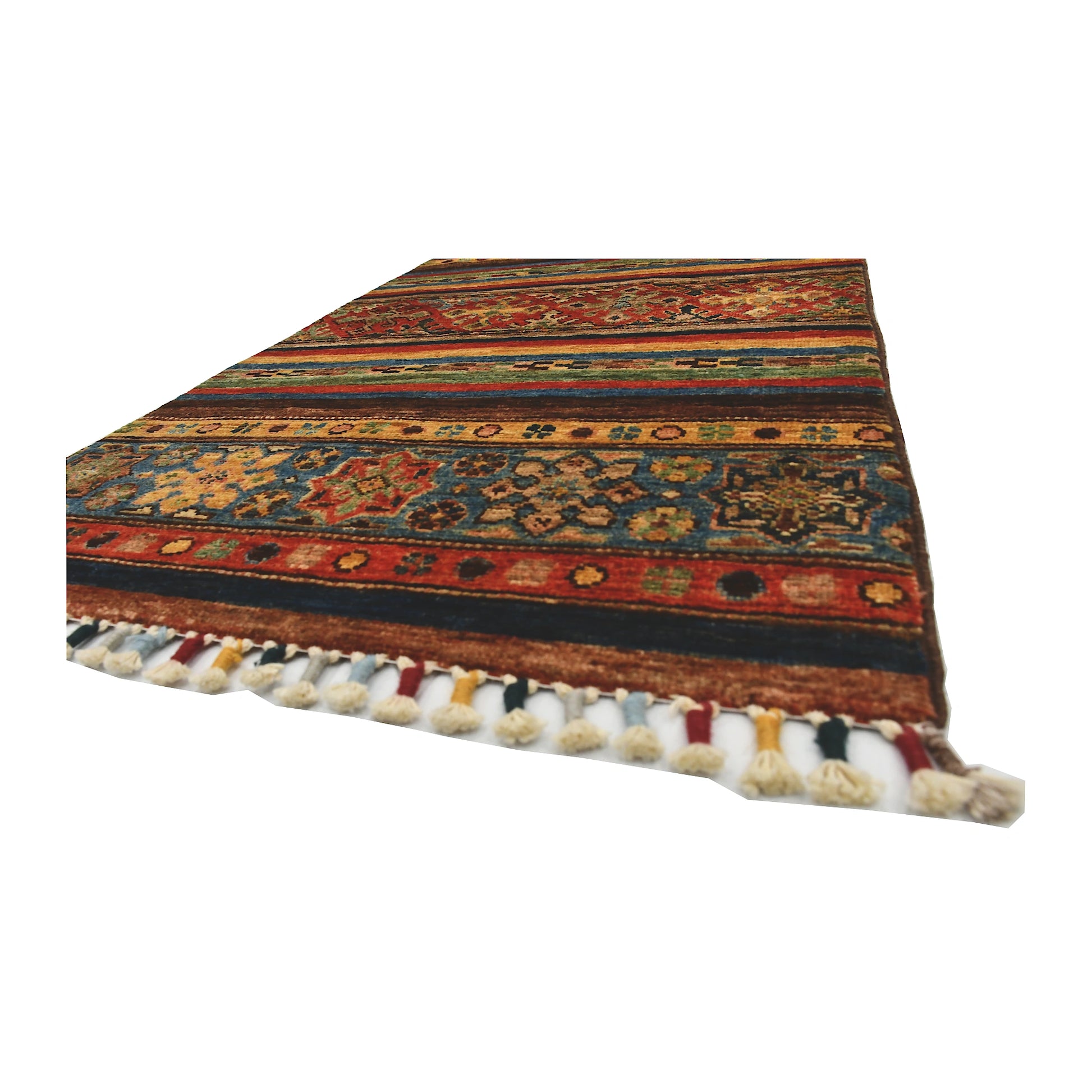 Angled fringe edge detail of Afghan Khurjeen wool rug showing rust, blue, golden beige and dark patterned bands