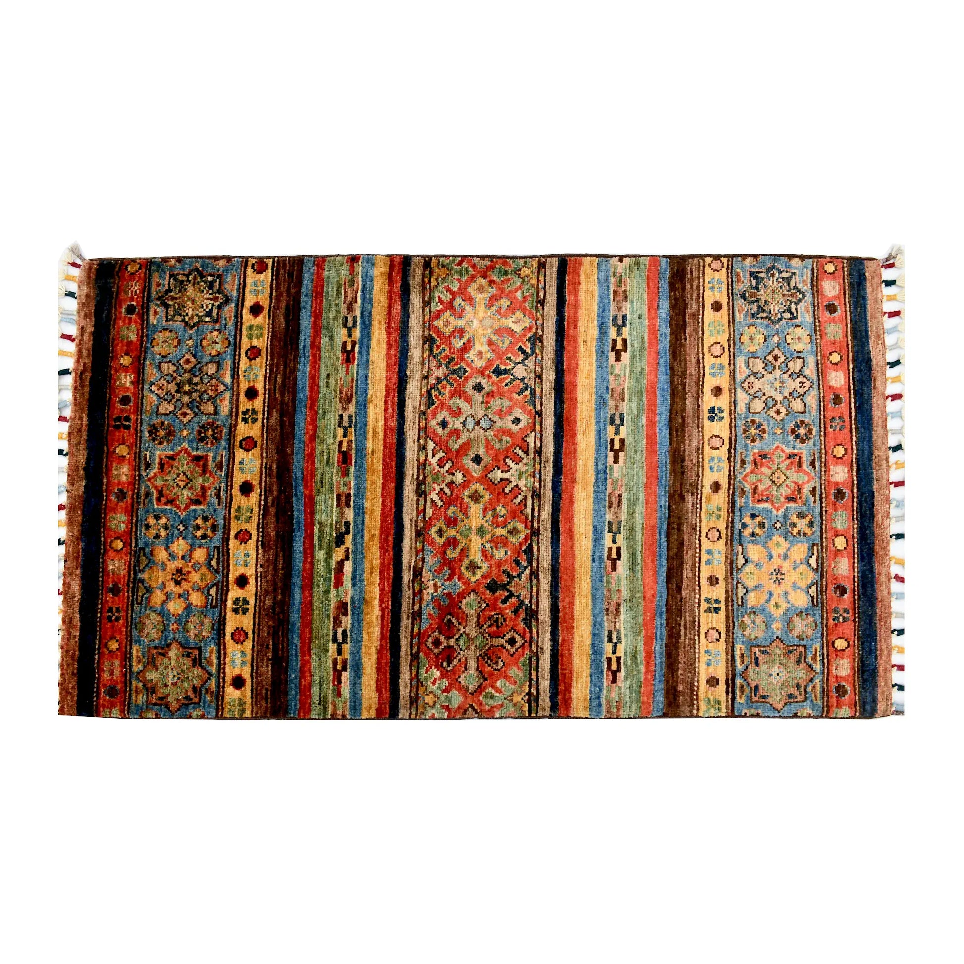 Full striped field detail of Afghan Khurjeen hand-knotted wool rug showing multicolour bands and geometric pattern layout