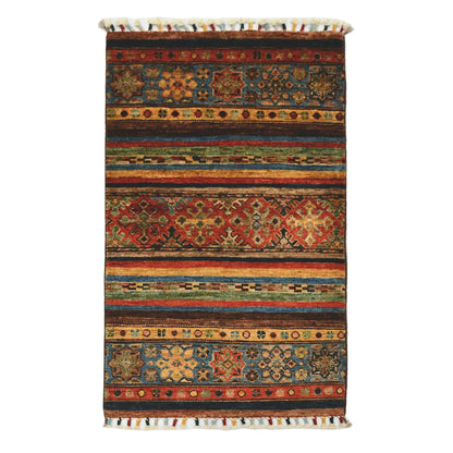 Full view of Afghan Khurjeen hand-knotted wool rug with multicolour striped bands, geometric motif panels and tassel fringe, 113 x 63 cm
