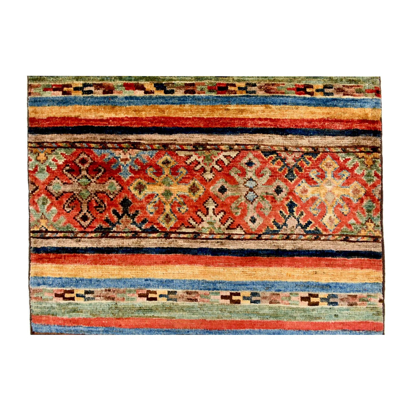 Geometric band detail of Afghan Khurjeen wool rug showing rust red panel, blue stripes, teal accents and small motifs