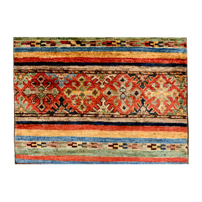 Geometric band detail of Afghan Khurjeen wool rug showing rust red panel, blue stripes, teal accents and small motifs
