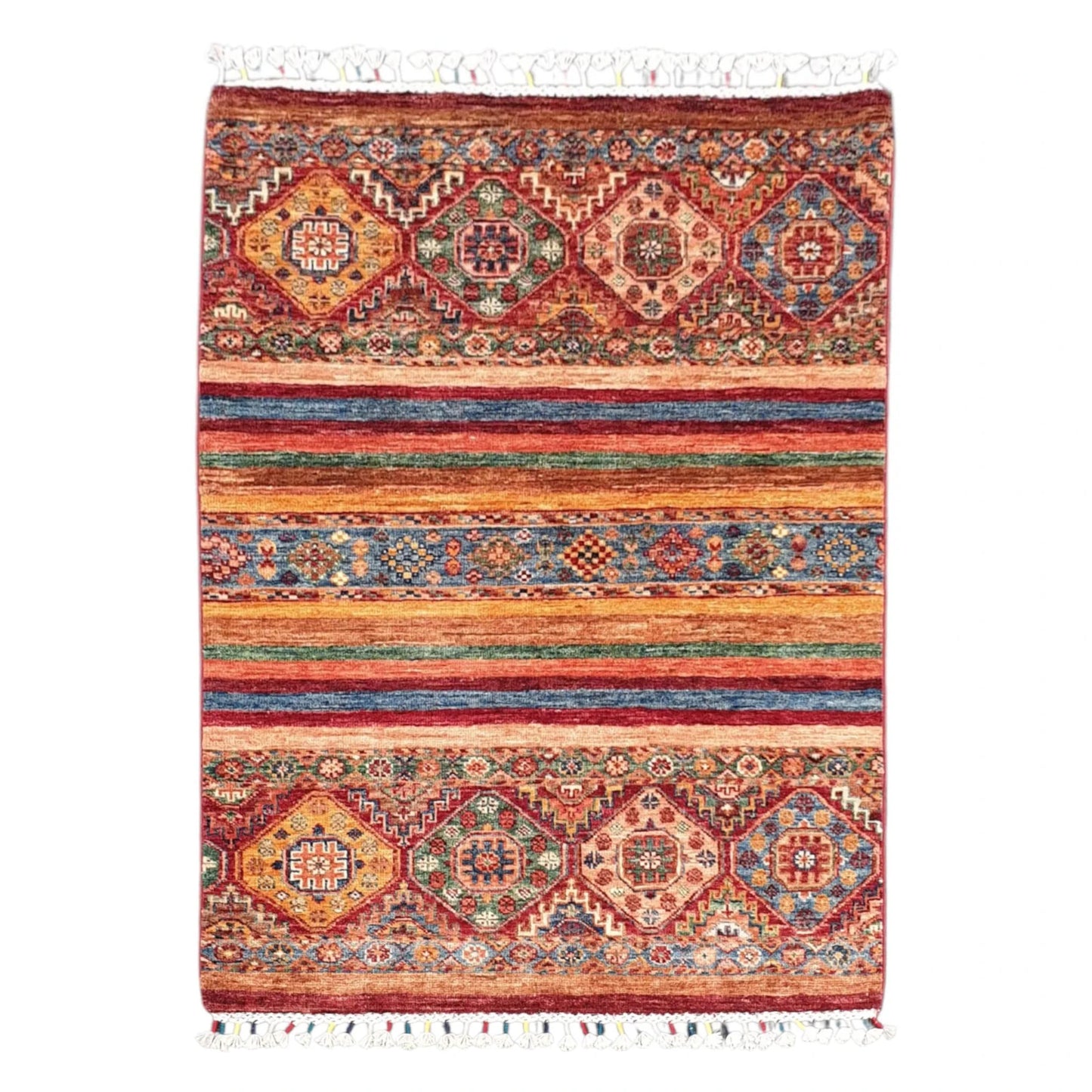 Full view of Afghan Khurjeen hand-knotted wool rug with colourful striped bands, geometric diamond motifs and tassel fringe, 128 x 91 cm