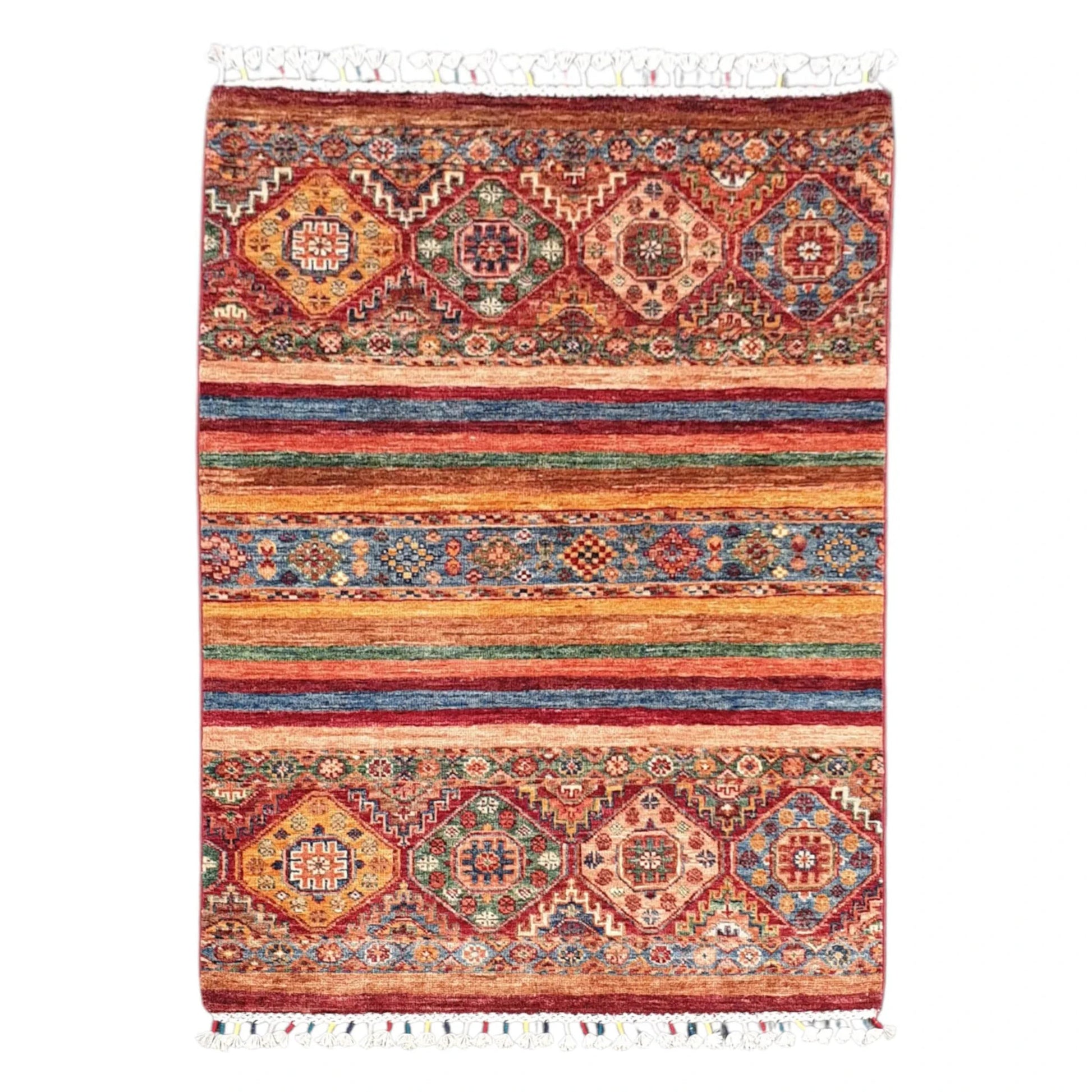 Full view of Afghan Khurjeen hand-knotted wool rug with colourful striped bands, geometric diamond motifs and tassel fringe, 128 x 91 cm