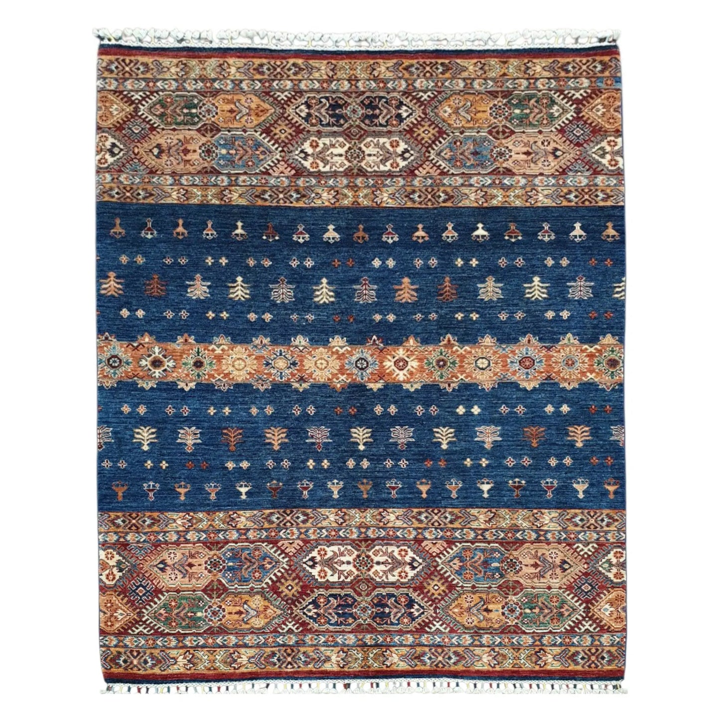 Full view of Afghan Khurjeen hand-knotted wool rug 200 x 158 cm with blue field