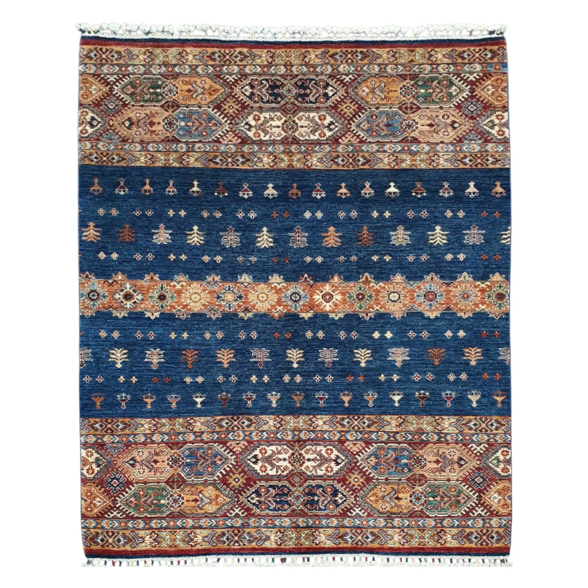 Full view of Afghan Khurjeen hand-knotted wool rug 200 x 158 cm with blue field