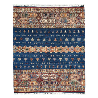 Full view of Afghan Khurjeen hand-knotted wool rug 200 x 158 cm with blue field