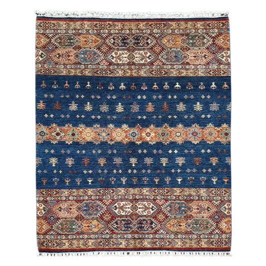 Full view of Afghan Khurjeen hand-knotted wool rug 200 x 158 cm with blue field
