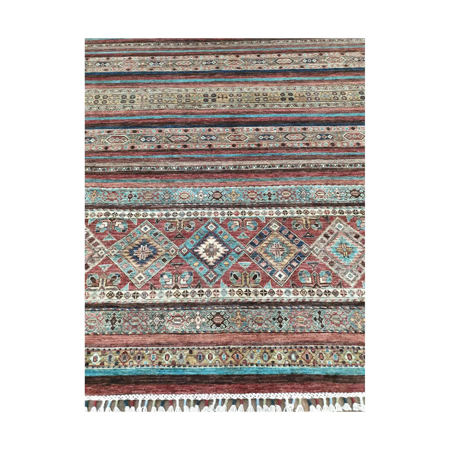 Diamond band detail on Afghan Khurjeen wool rug with geometric tribal motifs