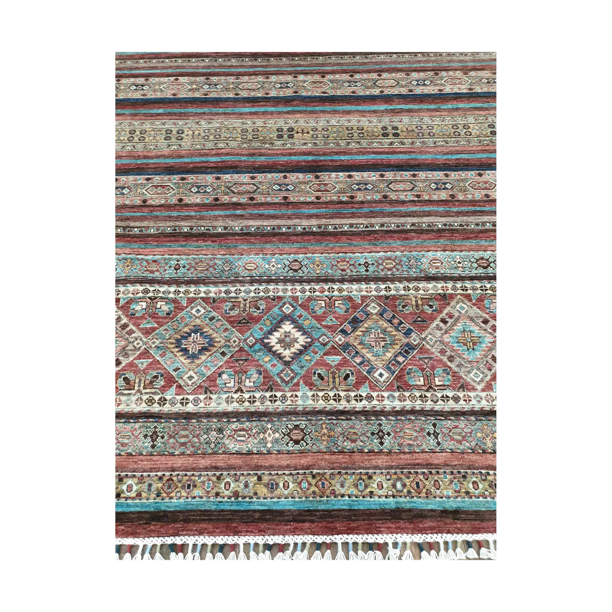 Diamond band detail on Afghan Khurjeen wool rug with geometric tribal motifs