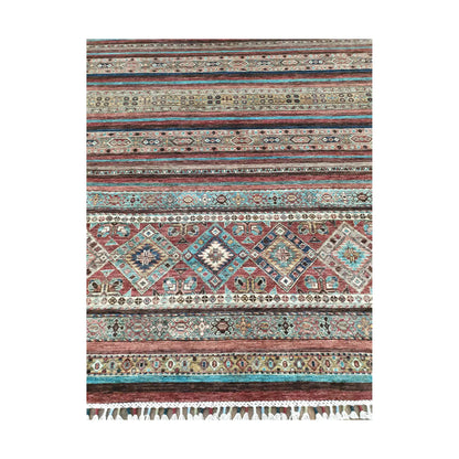 Diamond band detail on Afghan Khurjeen wool rug with geometric tribal motifs