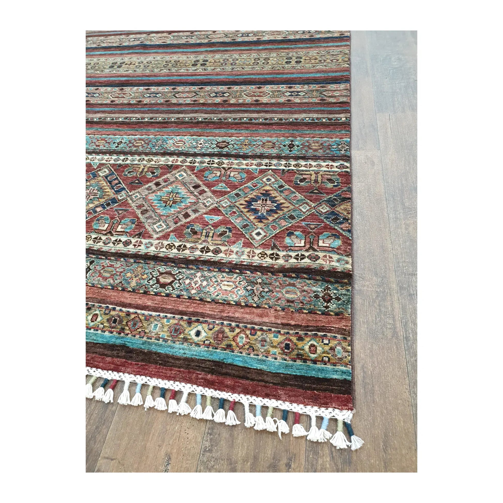 Fringe and border detail of Afghan Khurjeen hand-knotted wool rug