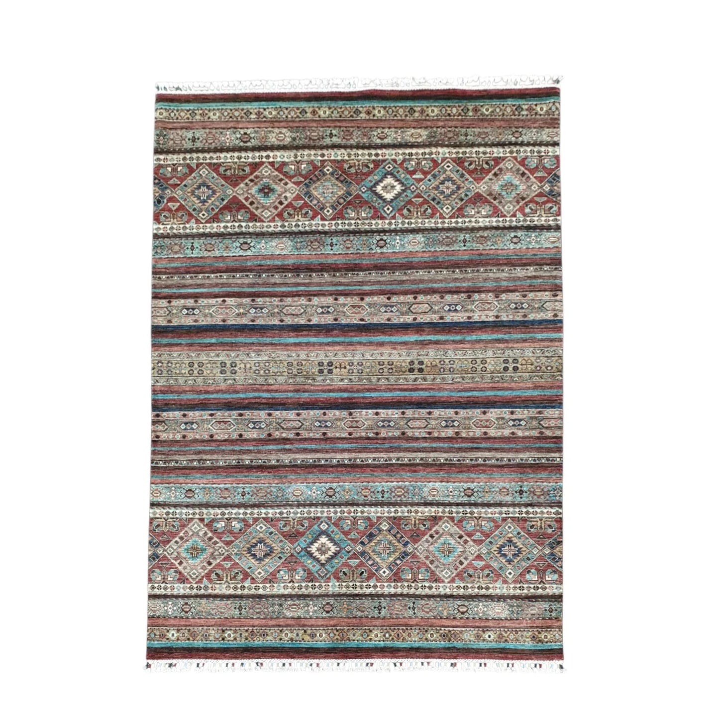 Full view of Afghan Khurjeen hand-knotted wool rug 247 x 170 cm with striped field