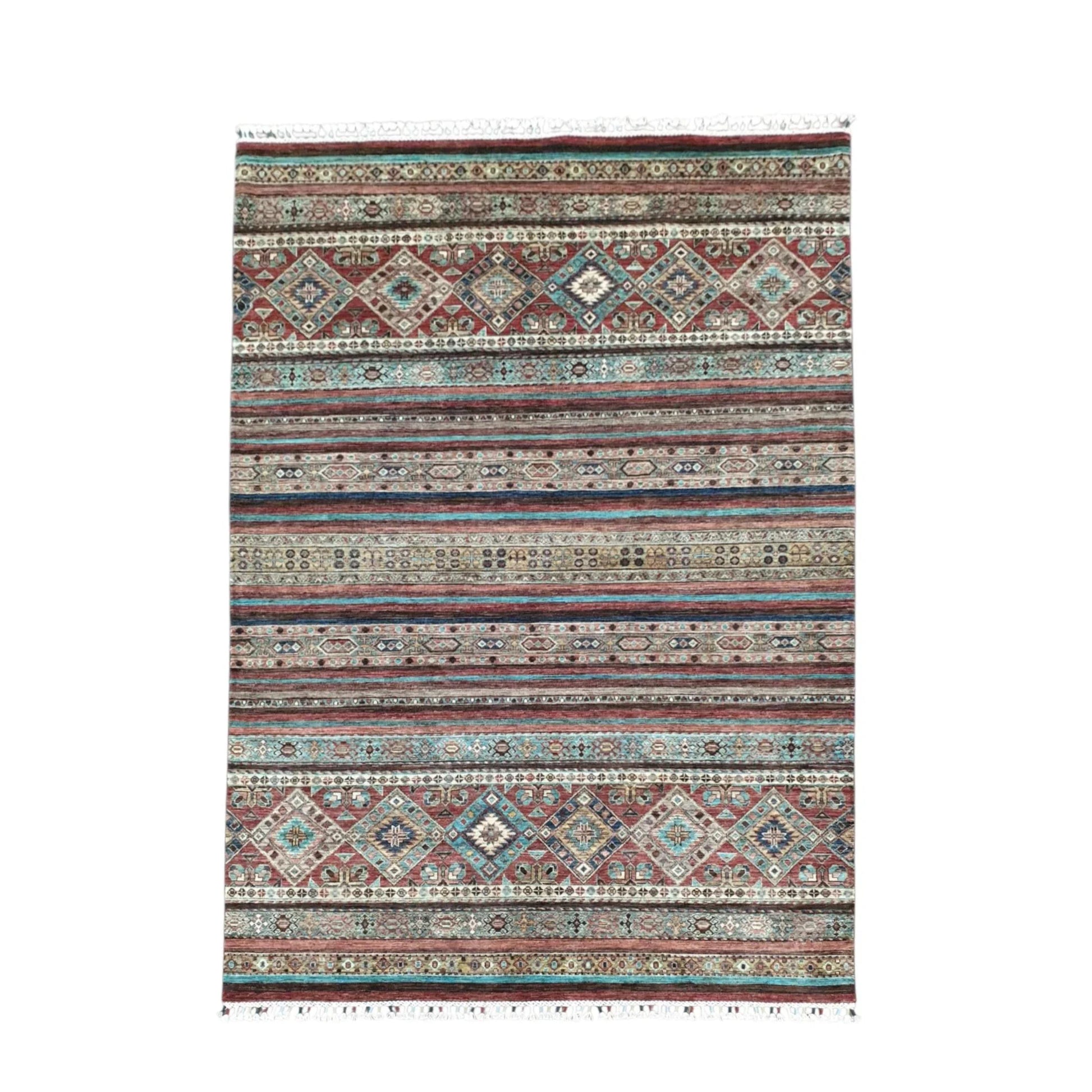 Full view of Afghan Khurjeen hand-knotted wool rug 247 x 170 cm with striped field